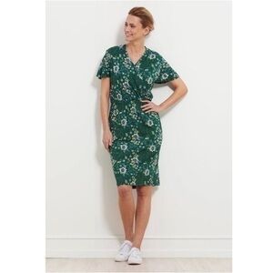 ✅ Masai Dress Nat Jersey Surplice V-Neck Sheath in Floral Print Green Blue